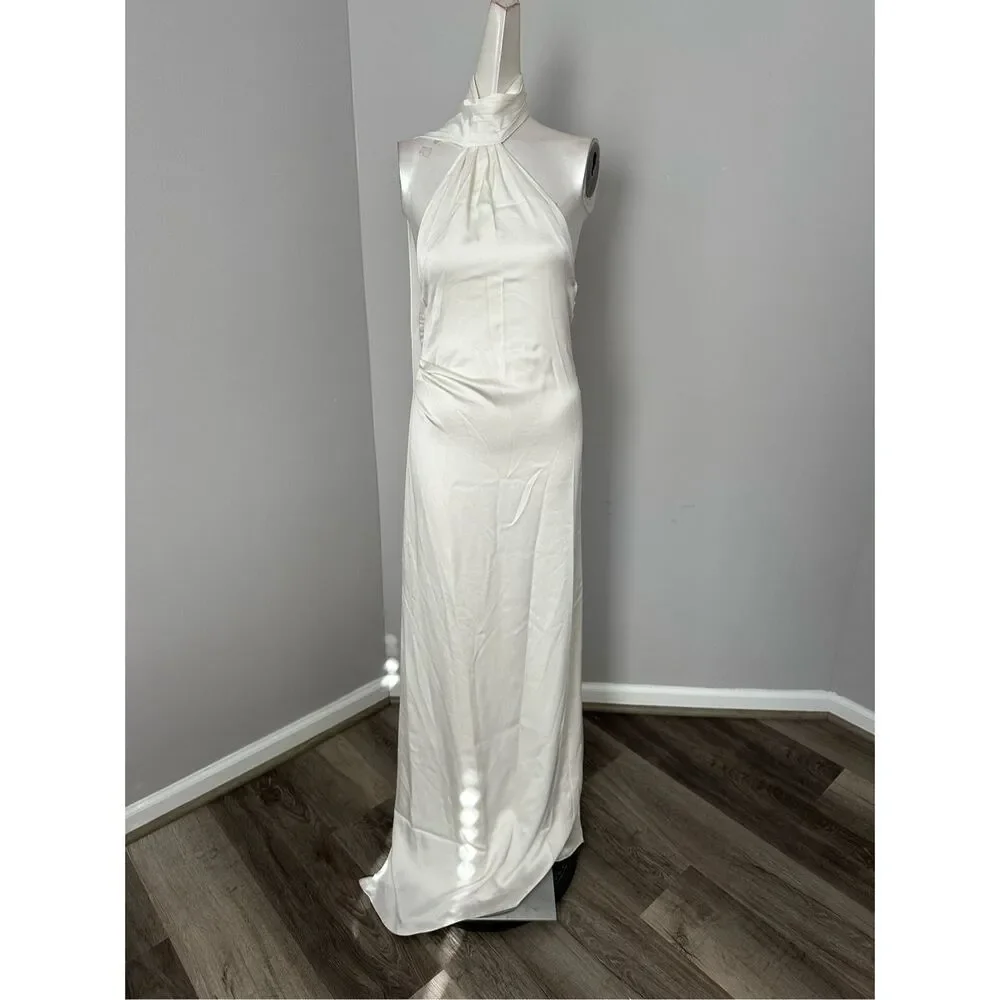 NWT Jonathan Simkhai Open Back Satin Vittoria Draped Scarf Maxi Gown Ivory Sz 0